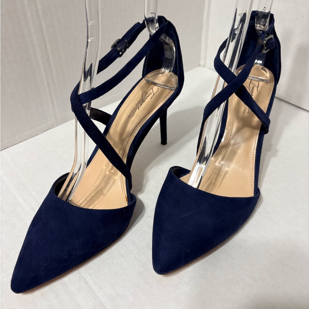Elegant Imagine by Vince Camuto Navy Blue Suede Leather Ankle Strap Heels. 9.5